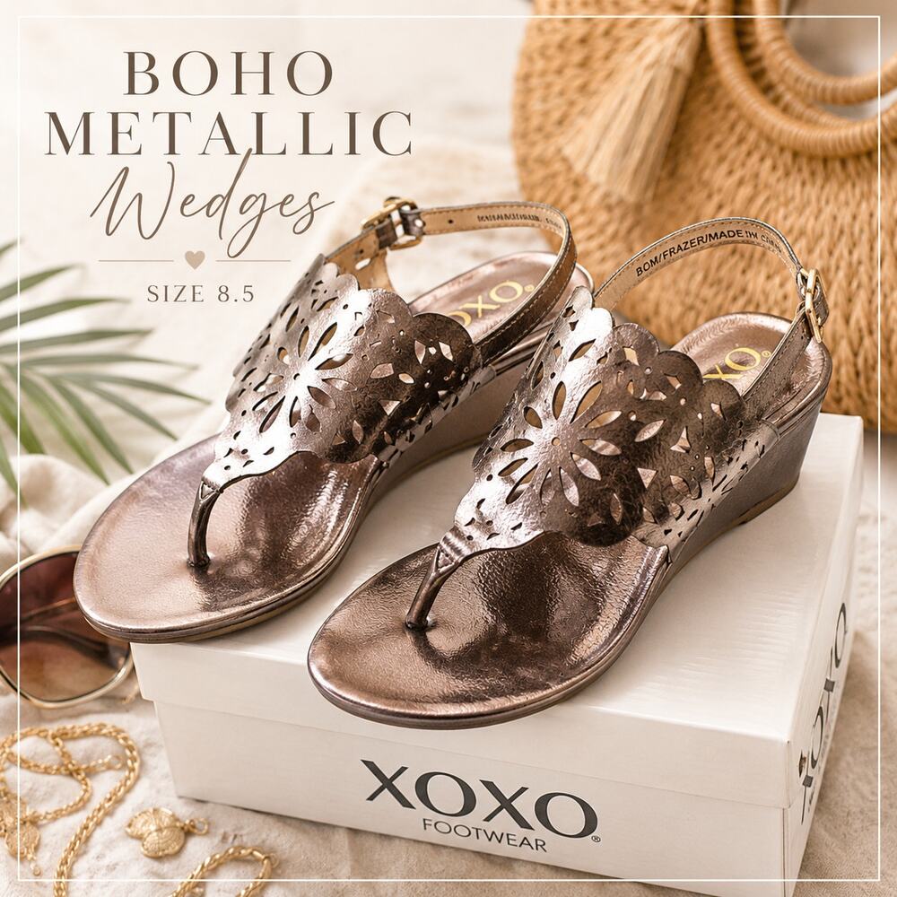 XOXO Pewter Metallic Laser Cut Wedge Sandals Size 8.5 Floral Cutout Slingback